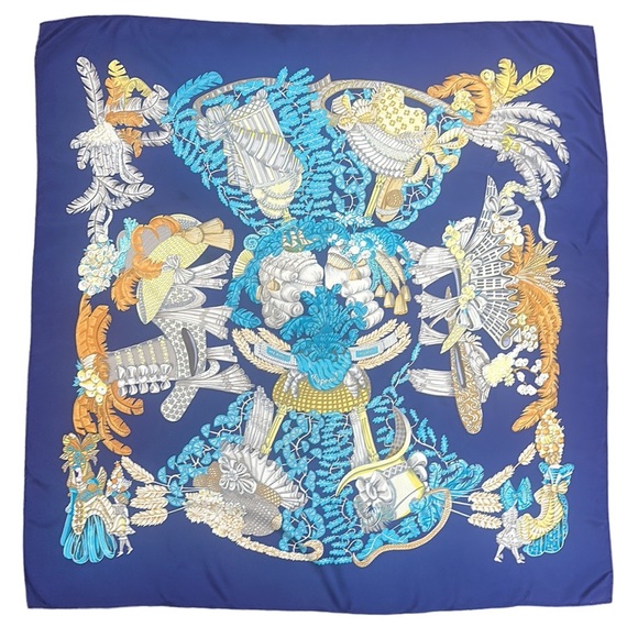 Hermes Carre 90 Silk Scarf Chapeau! Annie Faivre Navy Blue Vintage - Picture 1 of 16